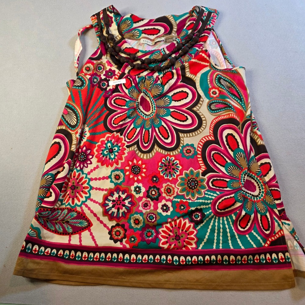 Requirements Floral Paisley Sleeveless Top XL Pink Teal Braided Neckline Boho